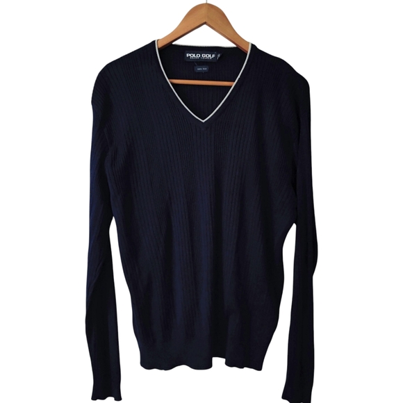POLO GOLF RALPH LAUREN Sweater M 100% Silk Ribbed Knit V-neck Navy Blue Men's - Picture 1 of 7